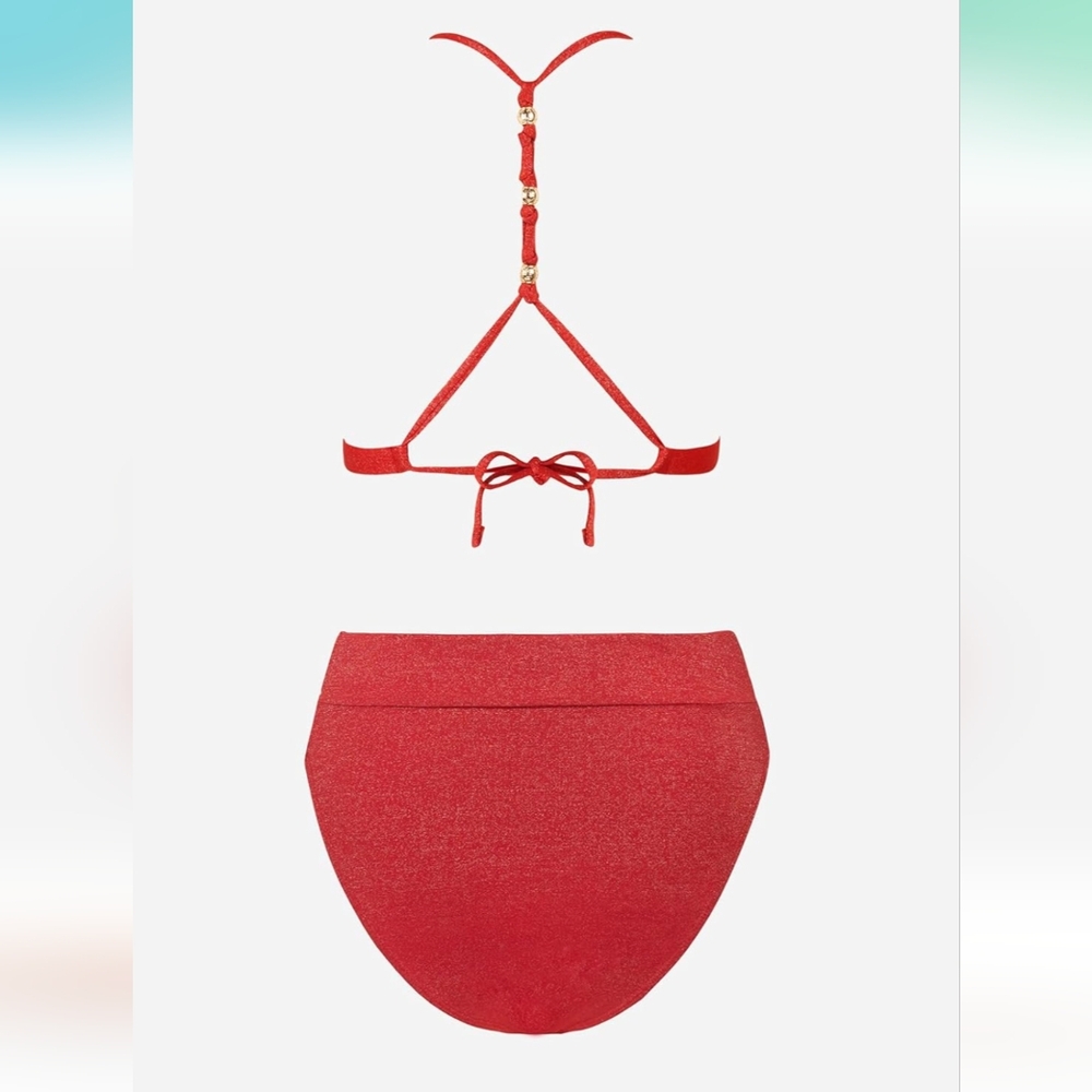 NWT Cupshe Red Sparkly Bikini High Waisted Cheeky Fit Triangle Top - Picture 5 of 9